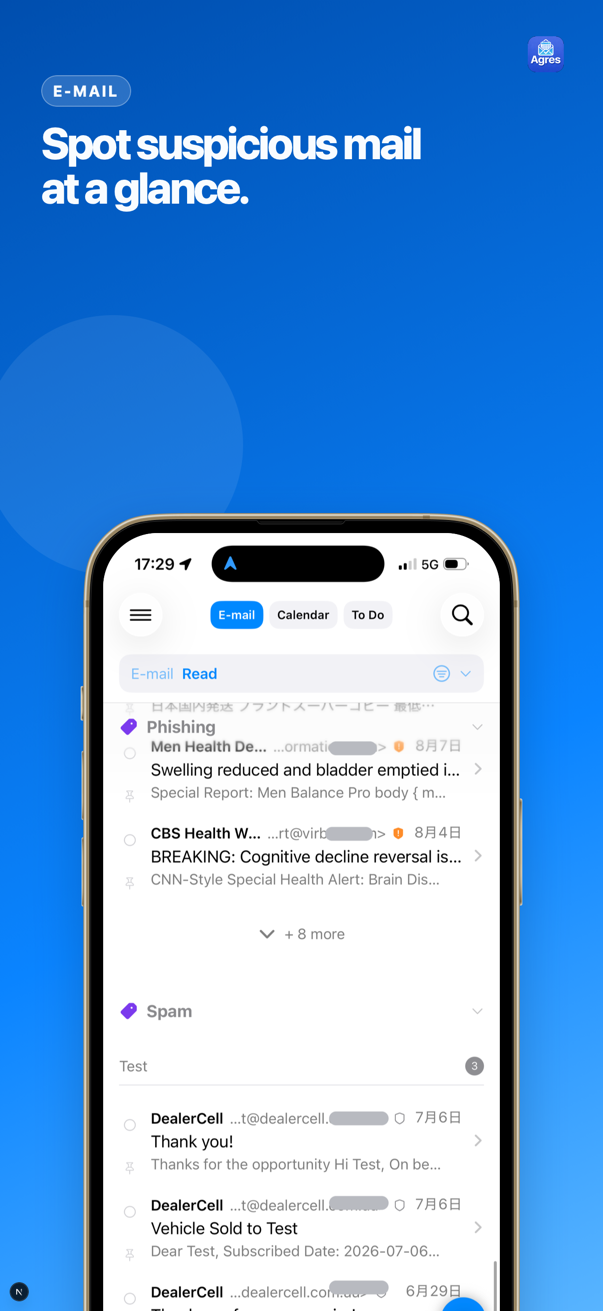 Agres email categories with small parts of sender domains masked.