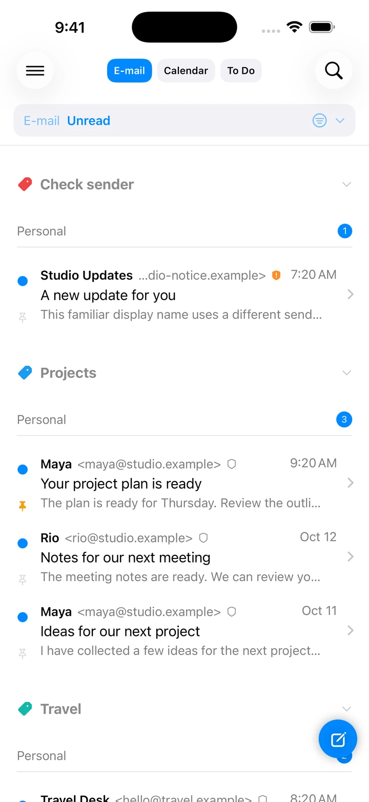 Mail organized by sender, with your next action close at hand.