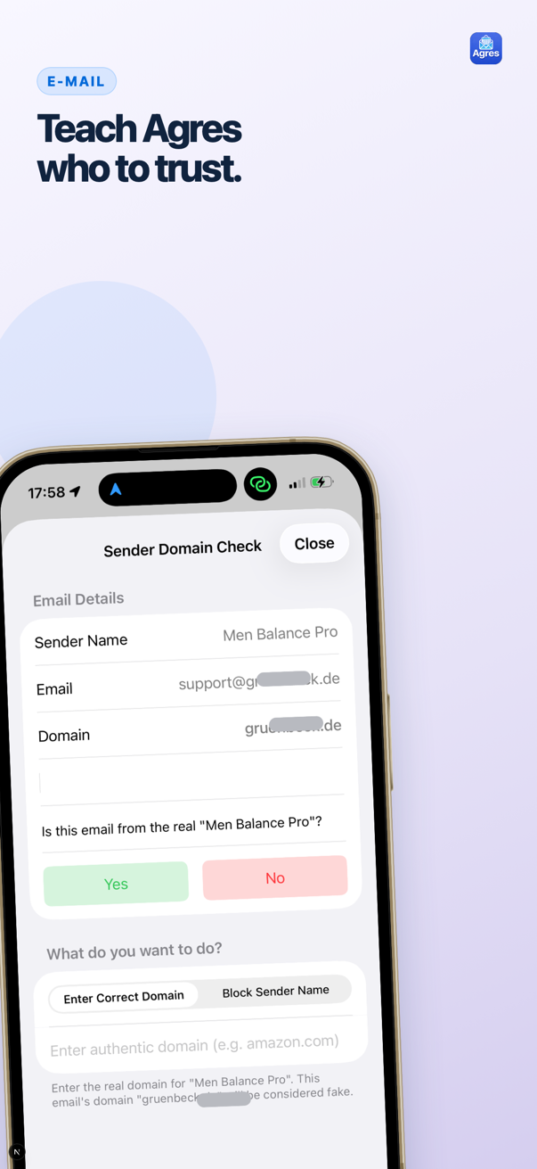 Agres Sender Domain Check showing a sender name, partially masked domain, and controls to record or block the sender.