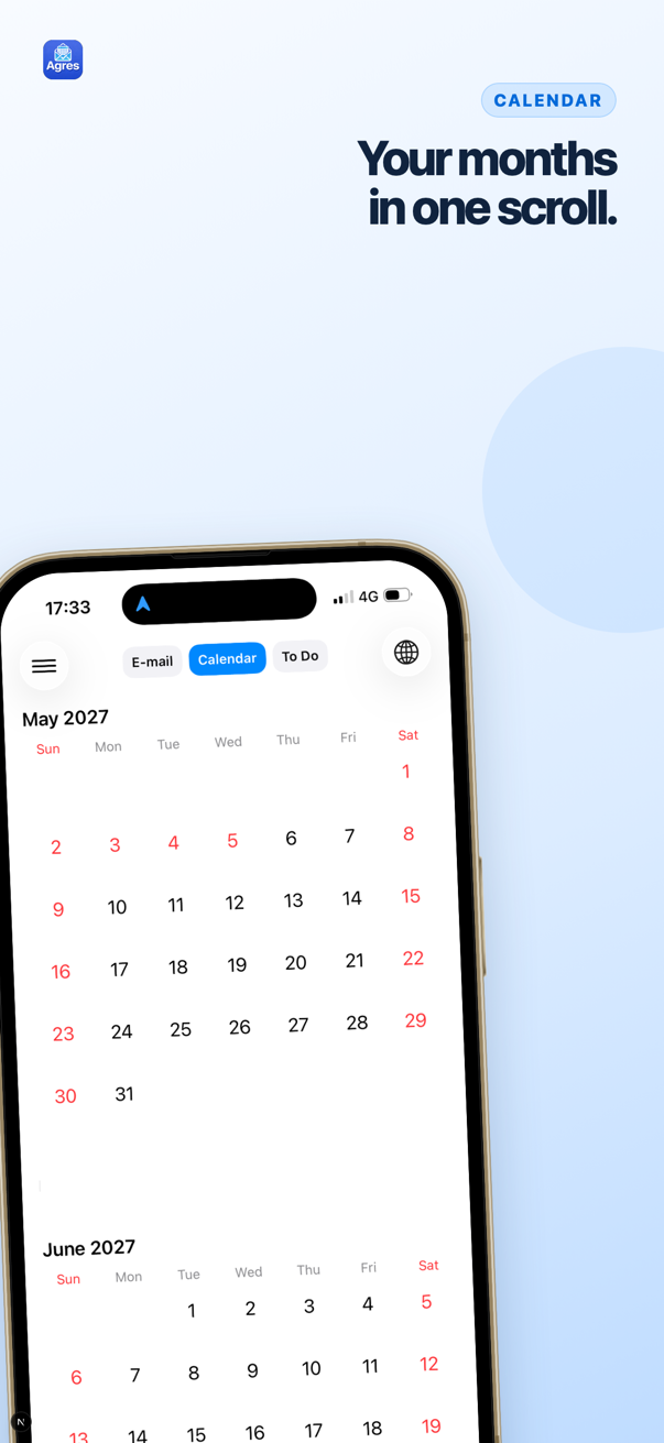Agres calendar showing May and June in one continuous view.