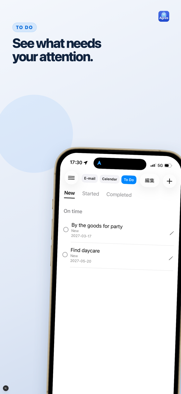 Agres To Do view with status tabs and on-time tasks.