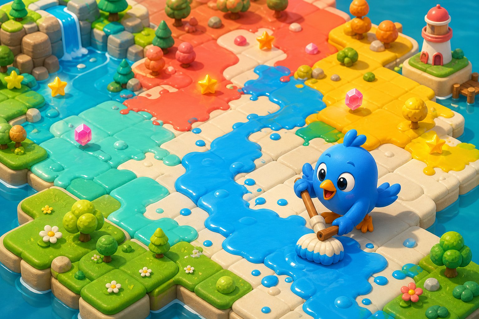 A colorful isometric game world with painted tiles, stars, gems, and the blue bird mascot.