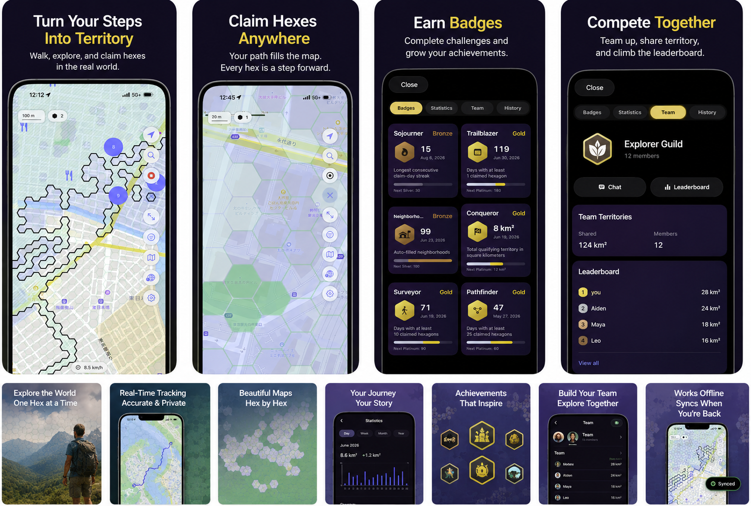 Filling Bird screens showing claimed map hexes, badges, team territories, leaderboards, journey statistics, and offline sync.