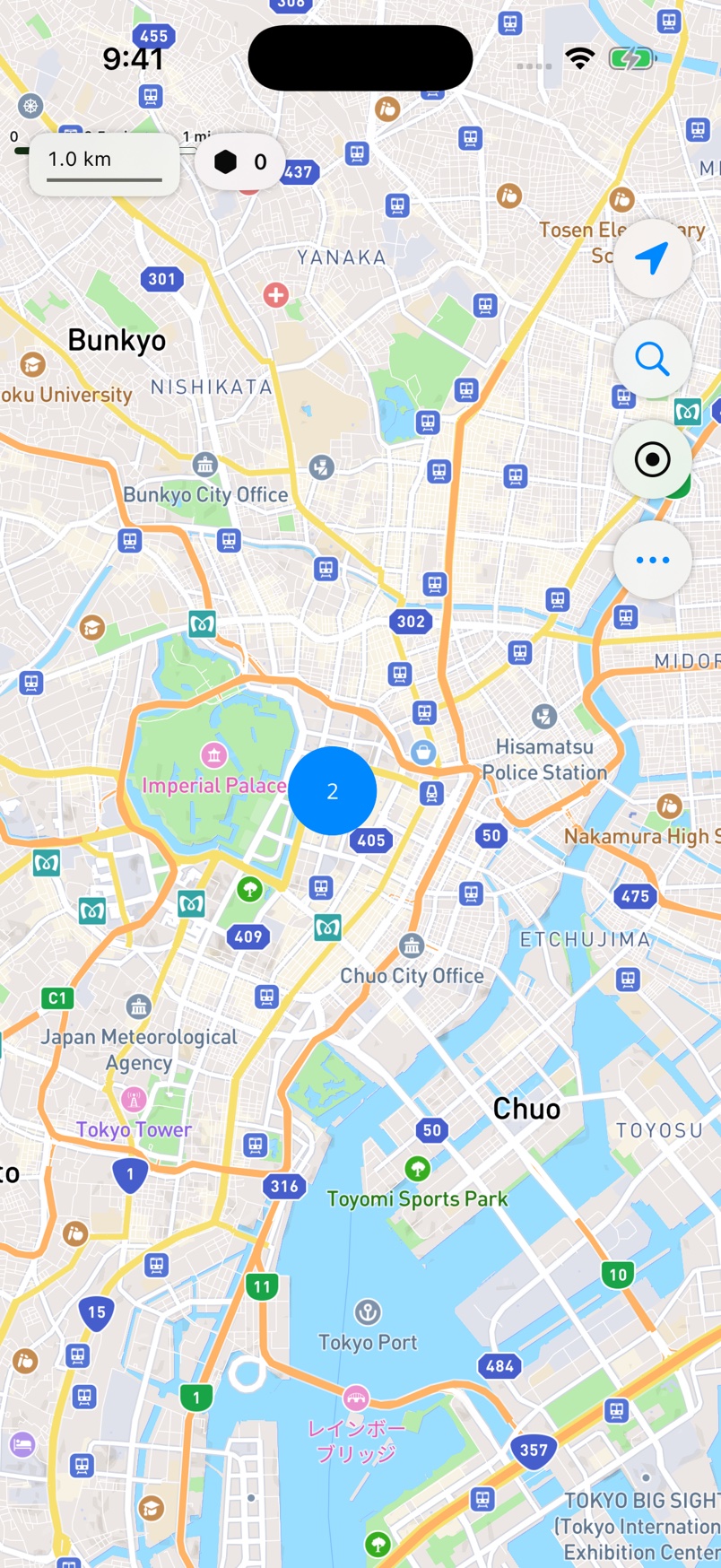 Browse Tokyo with two imported sample landmarks.