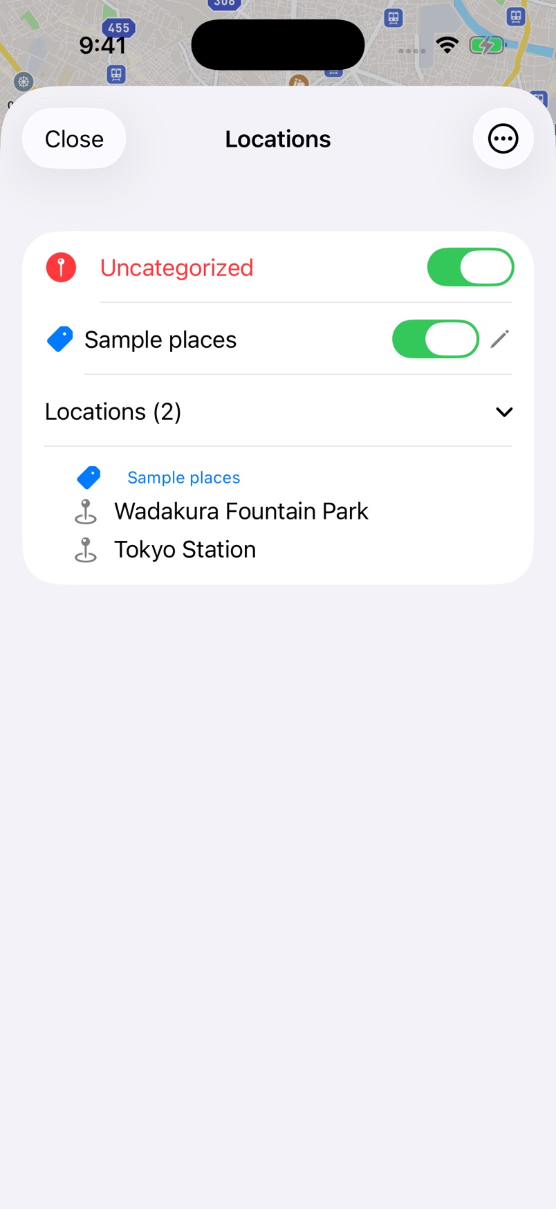 Show saved places and filter them by category.